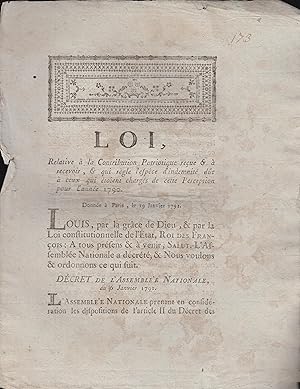 Seller image for Loi relative  la contribution patriotique reue &  recevoir, & qui rgle l'espce d'indemnit due  ceux qui toient charges de cette perception pour l'anne 1790 : Donne  Paris, le 19 Janvier 1791. for sale by PRISCA