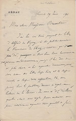 Deux lettres de Louis Ratisbonne, l'une adressée à Mr Ferdinand Brunetière à propos d'Alfred de V...