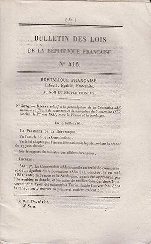 Bild des Verkufers fr Trait de commerce entre la France et la Sardaigne du 20 mai 1851 zum Verkauf von PRISCA