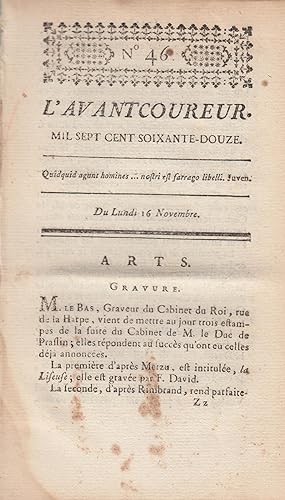 Image du vendeur pour L'Avantcoureur n 46 lundi 16 Novembre 1772 mis en vente par PRISCA