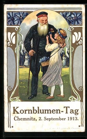 Bild des Verkufers fr Knstler-Ansichtskarte Chemnitz, Kornblumen-Tag 1913, Mdchen steckt altem Mann eine Kornblume an zum Verkauf von Bartko-Reher