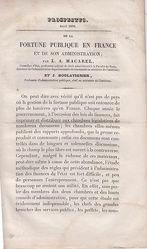 Imagen del vendedor de PROSPECTUS Avril 1838 : De la fortune publique en France et de son administration a la venta por PRISCA