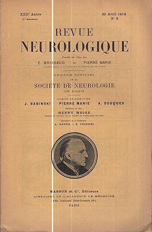 Image du vendeur pour Revue Neurologique 30 avril 1914 n 8 mis en vente par PRISCA