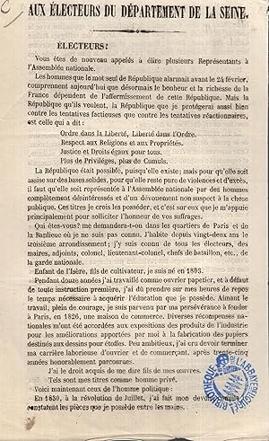 Image du vendeur pour Aux lecteurs du Dpartement de la Seine. Citoyens ! Vous tes de nouveau appels  lire plusieurs Reprsentants [etc.]". Profession de foi de "Fleury Chavant, rue du Faubourg-Saint-Denis, 111 mis en vente par PRISCA