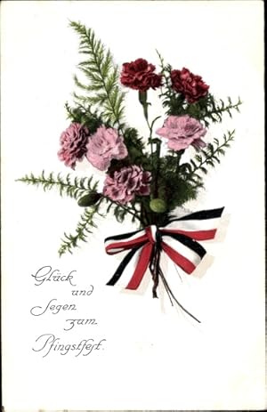 Ansichtskarte / Postkarte Glückwunsch Pfingsten, Blumenstrauß mit Schleife, Nelken