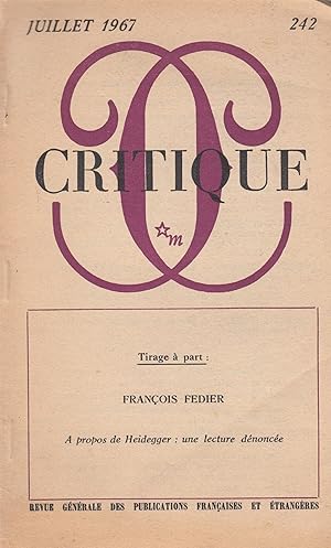 Seller image for A propos de Heidegger : une lecture dnonce (tir a part OFFPRINT) for sale by PRISCA