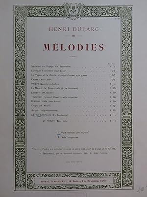 DUPARC Henri La Vie Antérieure Chant Piano 1909