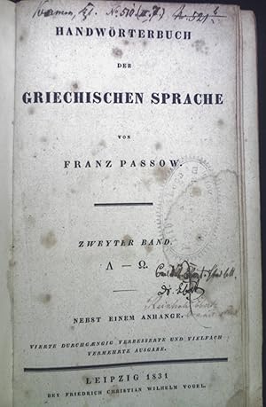 Bild des Verkufers fr Handwrterbuch der Griechischen Sprache. Zweyter Band. Nebst Anhang. zum Verkauf von books4less (Versandantiquariat Petra Gros GmbH & Co. KG)