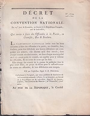 Imagen del vendedor de Dcret de la Convention Nationale du 19 jour de Brumaire, an second de la Rpublique Franaise, une & indivisible, qui invite  faire des Offrandes  la Patrie, en Chemises, Bas & Souliers. a la venta por PRISCA