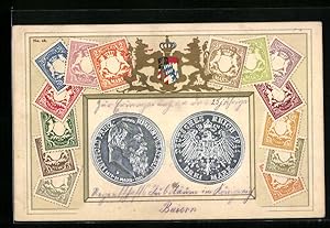 Ansichtskarte Briefmarken und Wappen Bayerns, 3-Mark-Münze Prinz Luitpold