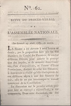 Seller image for Suite du Procs-Verbal de l'assemble Nationale n 62 - samedi 29 aot 1789 for sale by PRISCA