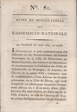 Bild des Verkufers fr Suite du Procs-Verbal de l'assemble Nationale n 61 - vendredi 28 aot 1789 zum Verkauf von PRISCA