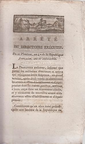 Imagen del vendedor de Arrt du Directoire excutif du 20 ventse, an 4e. de la Rpublique franaise, une et indivisible. a la venta por PRISCA