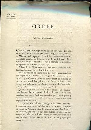 Seller image for Ordre du 15 dcembre 1829 visant  l'obligation dsormais faites aux Capitaines de Navires de remettre aprs leurs priples, un rapport sur la conduite des Officiers for sale by PRISCA