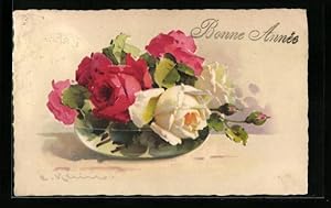 Bild des Verkufers fr Knstler-Ansichtskarte Catharina Klein: Rote und weisse Rosen in Vase zum Verkauf von Bartko-Reher