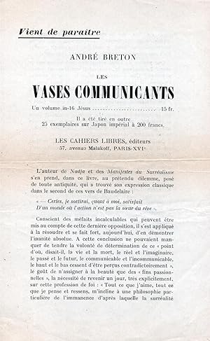 Seller image for Vient de paratre : Andr Breton, Les Vases communicants. for sale by Librairie Jean-Yves Lacroix