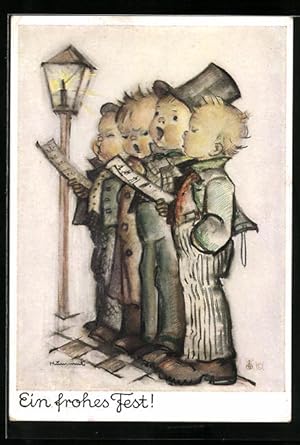 Bild des Verkufers fr Knstler-Ansichtskarte Hummel: Jungen singen unter der Strassenlaterne, Ein frohes Fest! zum Verkauf von Bartko-Reher