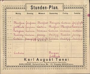 Stundenplan Buchbinderei Karl August Tensi, Karlsruhe, Kaiserstraße 115 um 1930