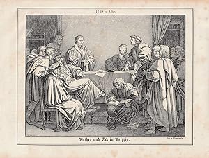 Bild des Verkufers fr Luther und Eck in Leipzig (1519). Original-Holzstich nach Trenkwald. zum Verkauf von Antiquariat Dennis R. Plummer