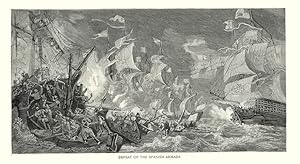 DEFEAT OF THE SPANISH ARMADA ,ANTIQUE MILITARY BATTLESCENE PRINT