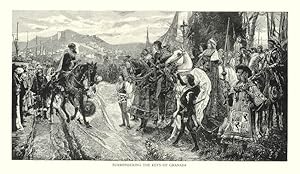 SURRENDERING THE KEYS OF GRANADA, ANTIQUE MILITARY BATTLESCENE PRINT