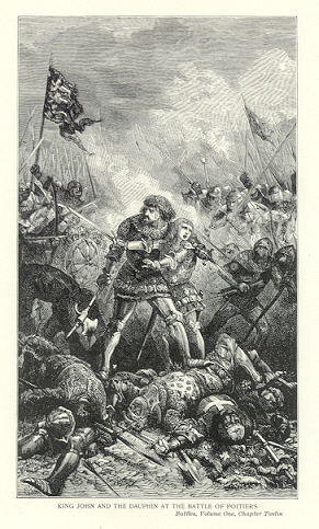 KING JOHN AND THE DAUPHIN AT THE BATTLE OF POITERS ,ANTIQUE MILITARY BATTLESCENE PRINT