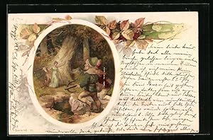 Bild des Verkufers fr Ansichtskarte Zwerge begegnen Dame im Wald zum Verkauf von Bartko-Reher