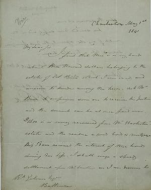 Image du vendeur pour ATTEMPTING TO SETTLE AN ESTATE AND COMMENTING ON HIS RECENT GOVERNMENT WORK, in an autograph letter, signed by Poinsett in Charleston, May 1, 1841, to Robert Gilmor in Baltimore, in part: "I find that I have in my hands about three thousand dollars belonging to the estate of Col. Bacon which I am ready and anxious to divide among the heirs [details follow] . We reached home safely and in the midst of my old associates the past four years seem like a troubled dream [Poinsett had just finished serving as Martin Van Buren's Secretary of War]." mis en vente par Bartleby's Books, ABAA