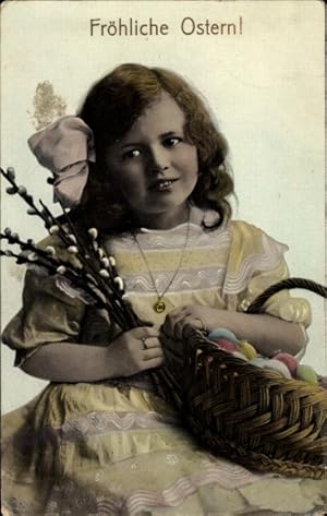 Ansichtskarte / Postkarte Glückwunsch Ostern, Mädchen mit Ostereiern im Korb und Weidenkätzchen