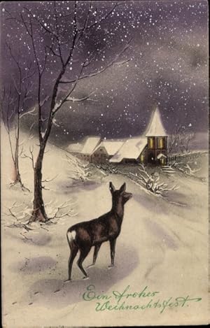 Ansichtskarte / Postkarte Glückwunsch Weihnachten, Winterlandschaft mit Ortschaft und Reh