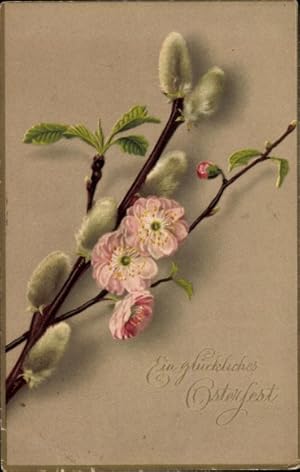 Ansichtskarte / Postkarte Glückwunsch Ostern, Weidenkätzchen, Rosa Blüten