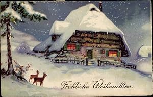 Ansichtskarte / Postkarte Glückwunsch Weihnachten, Winterlandschaft mit Haus und Rehen - Amag 2529