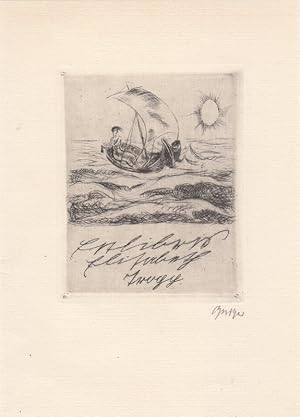 Exlibris Elisabeth Tropp. Frau, Segelboot steuernd.