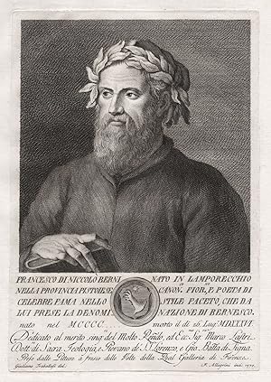 Bild des Verkufers fr Francesco di Niccolo Berni nato in Lamporecchio nella Provincia Pistoiese." - Francesco Berni (1497-1535) Italian poet Dichter poeta scrittore Firenze Florence Portrait / Wappen / coat of arms zum Verkauf von Antiquariat Steffen Vlkel GmbH