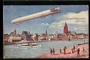 Ansichtskarte Frankfurt a. M., Internationale Luftschiffahrts-Ausstellung, Zeppelin über dem Main