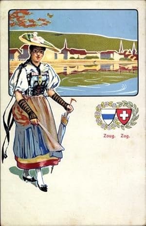 Bild des Verkufers fr Ansichtskarte / Postkarte Zug Stadt Schweiz, Frau in Tracht, zwei Wappen, Ort zum Verkauf von akpool GmbH