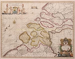 Image du vendeur pour HET GRAAFSCHAP ZEELAND "Zeelandia Comitatus", kopergravure voor het eerst uitgegeven door Johannes Janssonius, hier in de derde staat uitgegeven door Pieter Schenk en Gerard Valck rond 1700 mis en vente par Inter-Antiquariaat Mefferdt & De Jonge