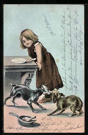 Bild des Verkufers fr Ansichtskarte Mdchen mit um Knochen raufenden Hunden zum Verkauf von Bartko-Reher