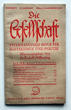 Bild des Verkufers fr Die Gesellschaft. Internationale Revue fr Sozialismus und Politik. IX. Jahrgang Nummer 11 November 1932. zum Verkauf von Versandantiquariat Hsl