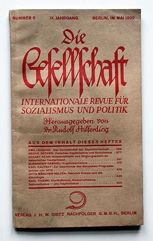 Bild des Verkufers fr Die Gesellschaft. Internationale Revue fr Sozialismus und Politik. IX. Jahrgang Nummer 5 Mai 1932. zum Verkauf von Versandantiquariat Hsl