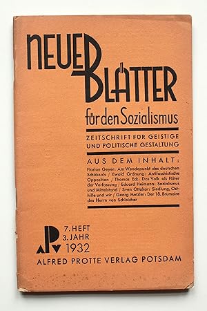 Bild des Verkufers fr Neue Bltter fr den Sozialismus. 3. Jahrgang Heft 7 Juli 1932. zum Verkauf von Versandantiquariat Hsl