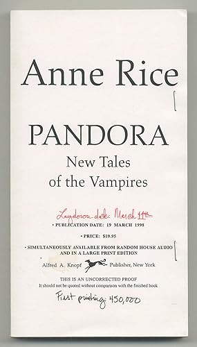 Bild des Verkufers fr Pandora: New Tales of the Vampires zum Verkauf von Between the Covers-Rare Books, Inc. ABAA