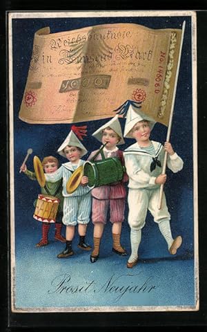 Ansichtskarte Kinder mit Geldflagge, Gruss zum Neujahr