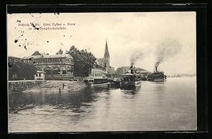 Ansichtskarte Biebrich a. Rhein, Blick auf das Hotel Nassau und Krone an der Dampfer Haltestelle