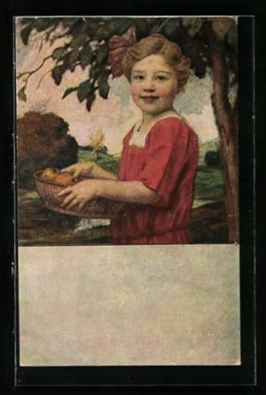 Bild des Verkufers fr Knstler-Ansichtskarte Ludwig von Zumbusch: Mdchen im roten Kleid mit einem Korb Obst zum Verkauf von Bartko-Reher