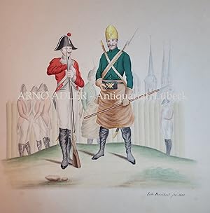 Lübecker Bürgermilitär. Aquarellierte Bleistiftzeichnung von Johann Busekist. Bezeichnet "Musquet...