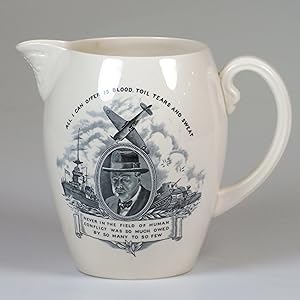 Wartime pitcher featuring an image of and quotes by Prime Minister Winston S. Churchill