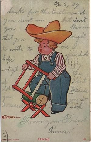 Seller image for boy in overalls postcard: Sawing for sale by Mobyville