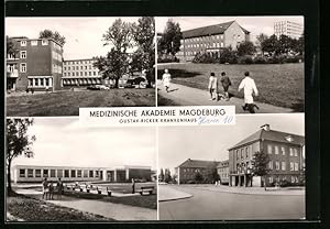 Ansichtskarte Magdeburg, Medizinische Akademie, Gustav-Ricker-Krankenhaus in vier Ansichten