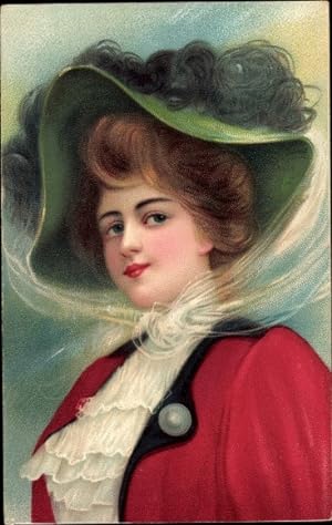 Künstler Ansichtskarte / Postkarte Portrait einer jungen Frau, Federhut, Rotes Jackett